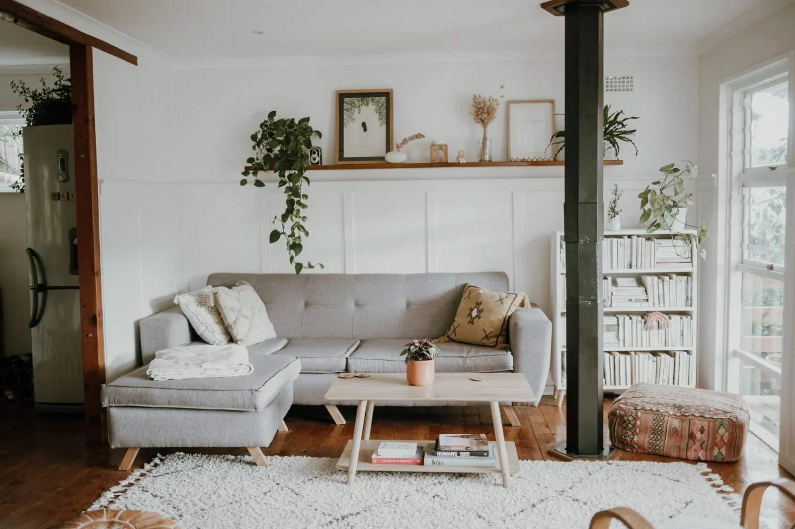 Bright, tidy living room with a sofa, plants and wooden floors